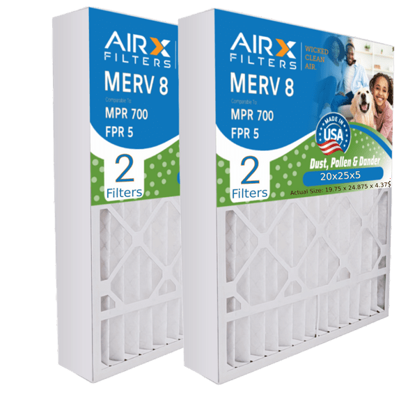 20x25x5 Air Filter MERV 8 Comparable to MPR 700 & FPR 5 Compatible with Honeywell FC100A1037 Replacement Filter 2 Pack by AIRX FILTERS WICKED CLEAN AIR.