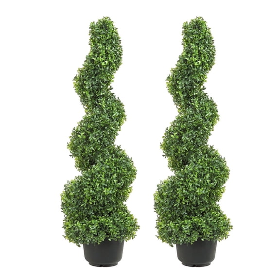 Artificial Boxwood Topiary, 3ft Spiral Plant - 2 Pack, UV Resistant PE Plastic, Indoor Outdoor Decor, with 10 Replacement Leaves