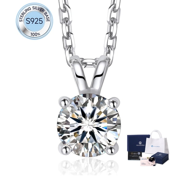 MomentWish 1 Carat Round Cut Moissanite Solitaire Pendant Necklace for Women 925 Sterling Silver with 18K White Gold