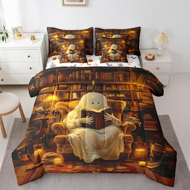 Erosebridal Spooky Abstract Ghost Bed in a Bag King Size,Happy Holleween Bed Set,Modern Library Bedding King Size For Girls,Ultra Soft Room Decoration Reversible,7 Pieces
