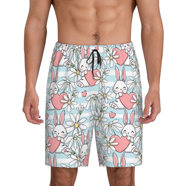 Balery Cute Rabbit And Heart Pantalones cortos de pijama de punto de algodón para hombre con cinturilla y bolsillos-Small