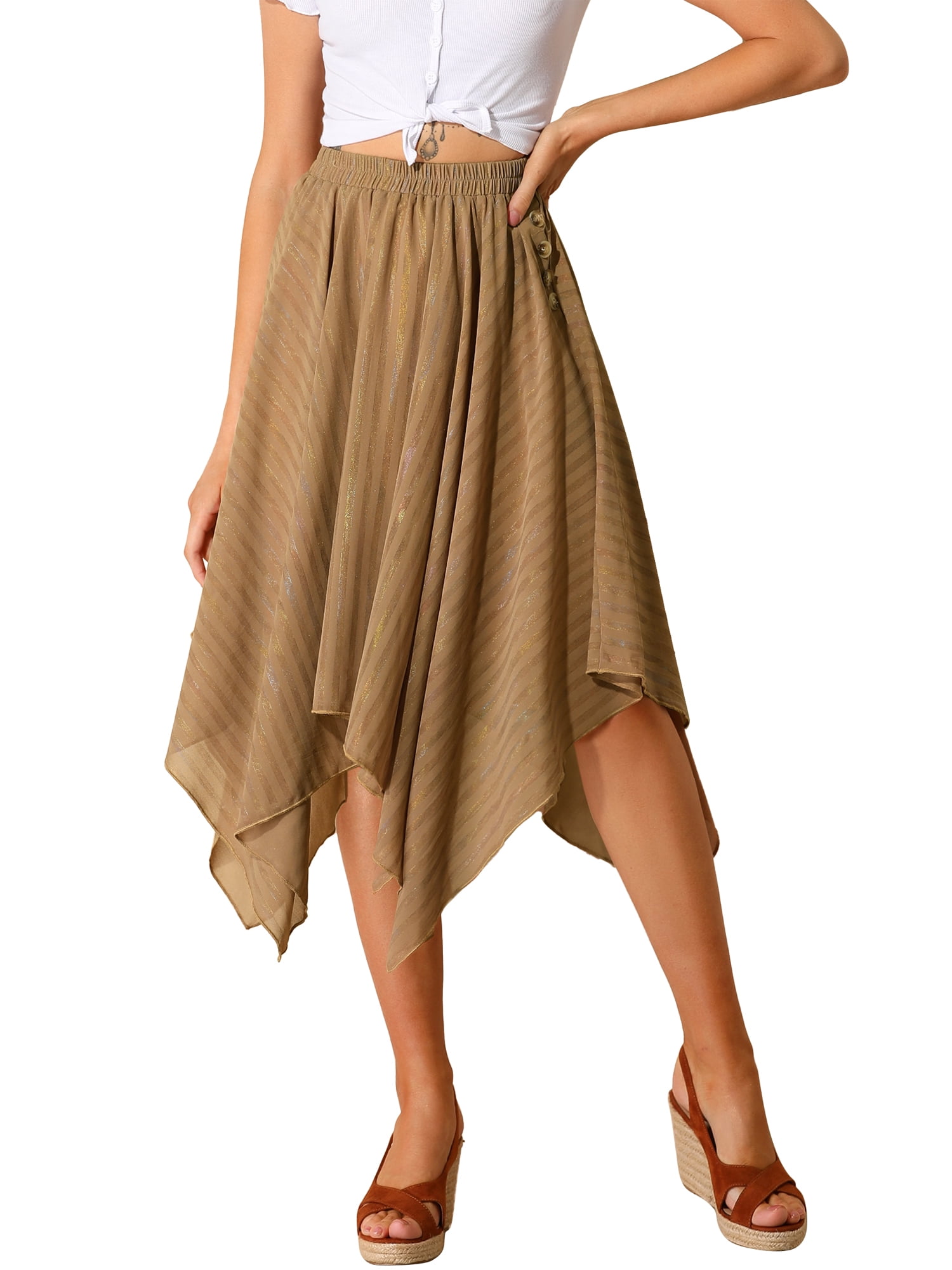 Women Casual Comfy Cotton Linen Skirts Frill Tie Waist A-Line Midi Skirt Flowy Handkerchief Hemline Long Skirt 