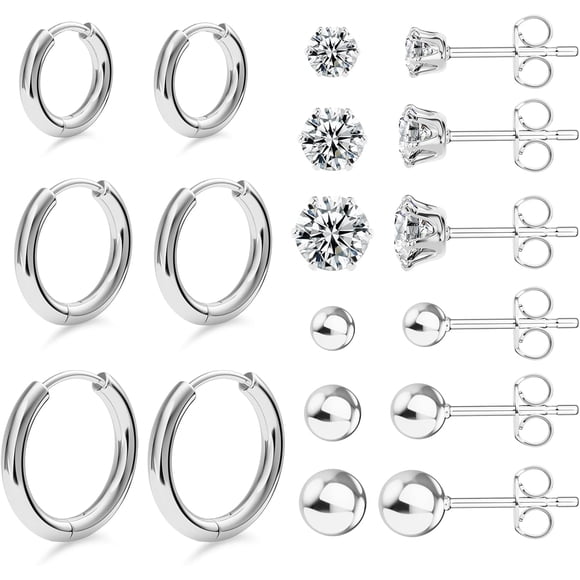 PinesC Hypoallergenic Studs Earrings 316L Surgical Stainless Steel Earrings Round Ball Earring for Women Men 5 Pairs Assorted Sizes(4mm-8mm)
