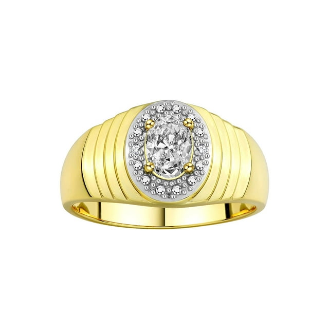 RYLOS Men's Rings Yellow Gold Plated Silver Classic Halo Of Diamonds 7X5MM Oval Gemstone Ring White Topaz April Birthstone Rings For Men Size 9