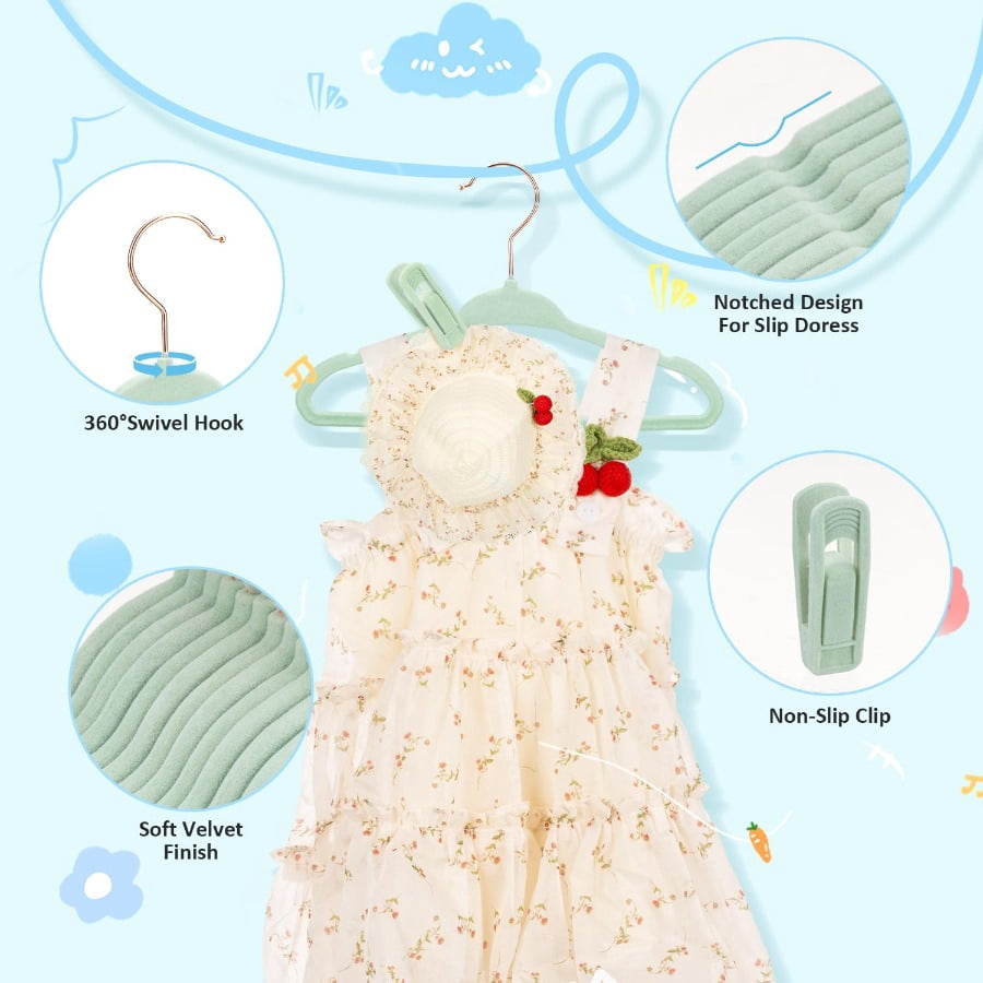 Tonswachic Baby Velvet Hangers 30 Pack - 11 Inch Premium Felt Non Slip Kids Hanger for Infant & Toddler Clothes - 0.2" Slim Space-Saving Baby Felt Hangers for Children's Closet with 10 Clips - Beige