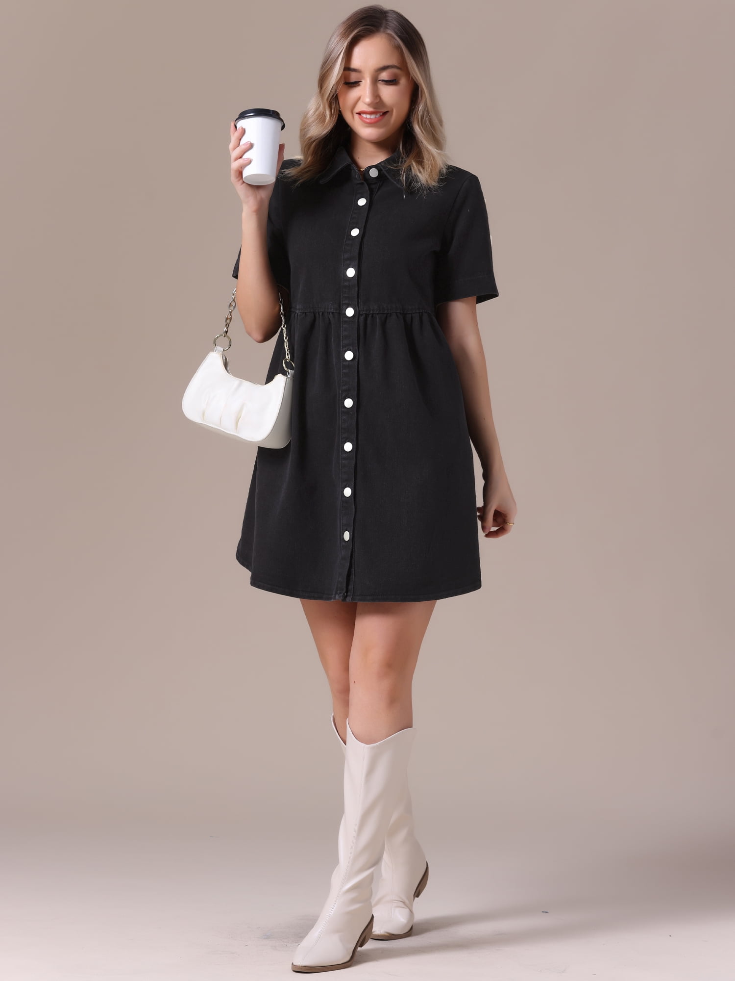 DARING DIVA Women's Denim Babydoll Collared Short Sleeve Button Down Dress S Black
