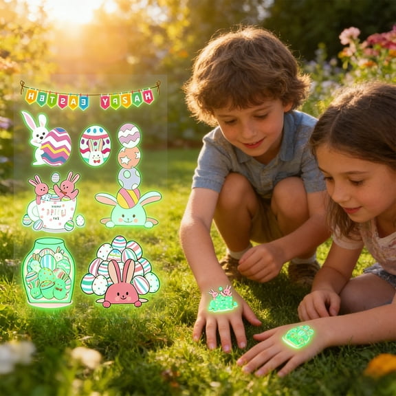Wooowa Easter Glow In The Dark Temporary Tattoo Bunny Egg Pattern Waterproof Sweatproof Festive Party Sticker For All Ages