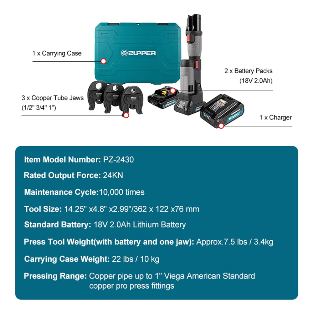 Pro Press Copper Crimper Tool Kit Crimping Tools with 1/2", 3/4", 1" Propress Jaws, 2Pcs 18V Battery, Charger & Carrying Case