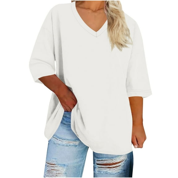 AKOEE Summer Plus Size T-Shirts for Women Solid Tops Loose Casual V Neck Pullover Tees Short Sleeve Tshirts (XL, White)