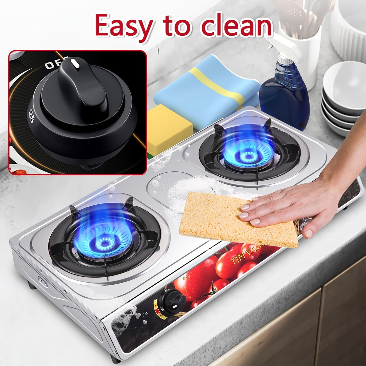 Portable 2 Burner Propane Gas Stove, Stainless Steel Camping Stove with Auto Ignition, Outdoor Cooking Stove with Regulator Hose