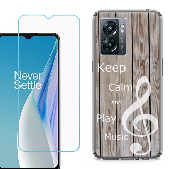 Shockproof Phone Case for OnePlus Nord N300 5G, with Tempered Glass Screen Protector, by OneToughShield ® - Wood/Music
