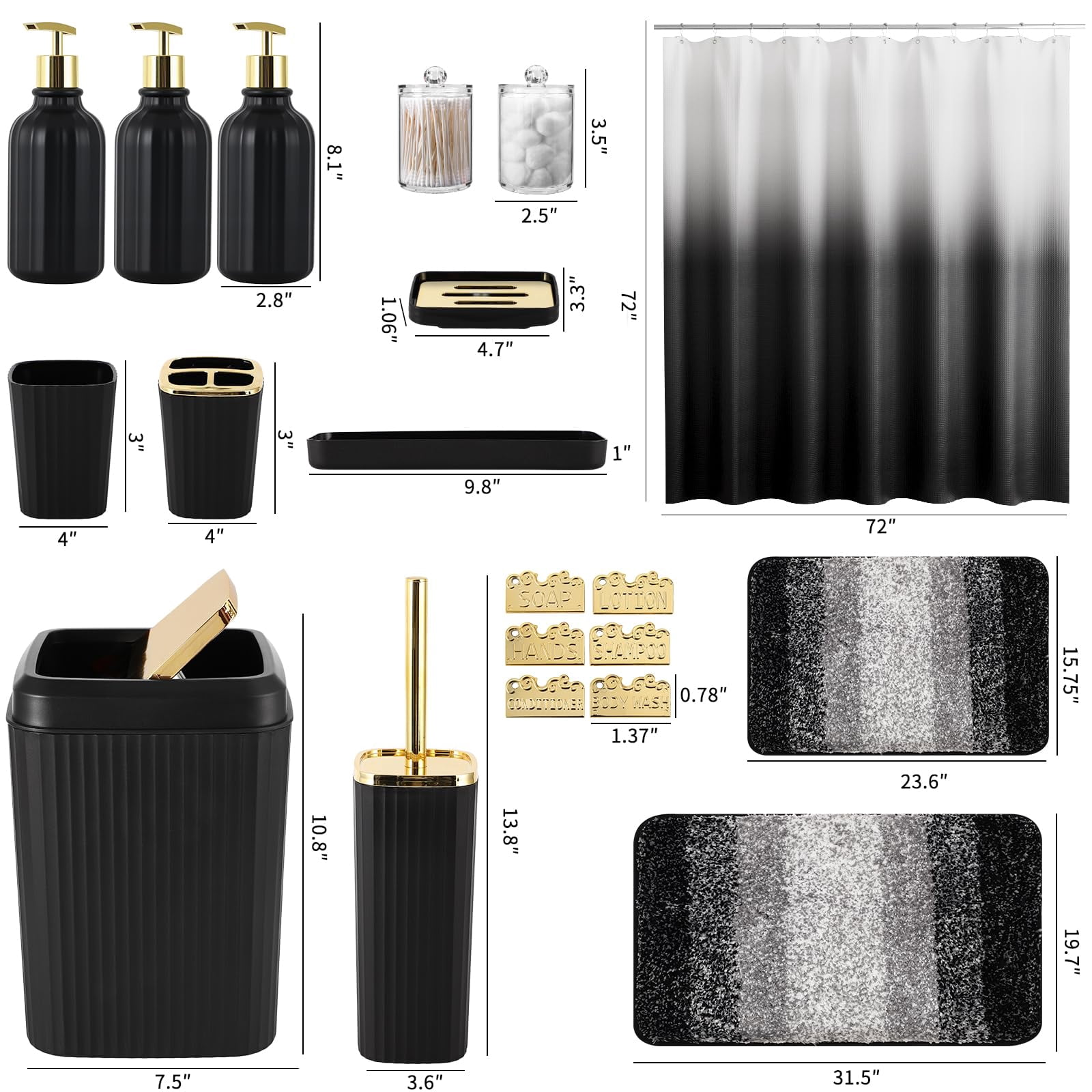 17PCS Bathroom Accessories Bathroom Set Black Bathroom Accessories,Toilet Brush, Trash Can, Qtip Holder Dispenser& 3PCS Soap Dispenser