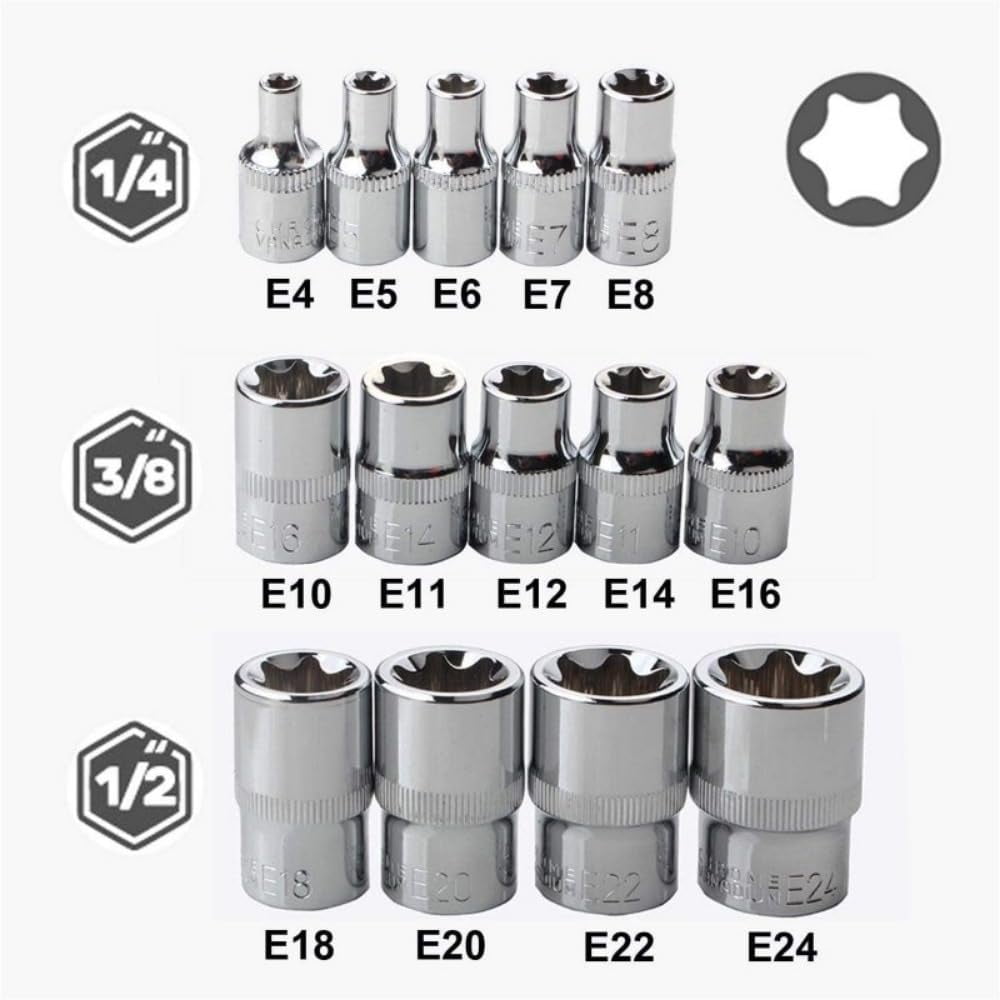 14-Piece E-TORX Socket Set 1/4" 3/8" 1/2'' Drive E-4 - E24 Female External Torque Star Socket Kit With Storage Case