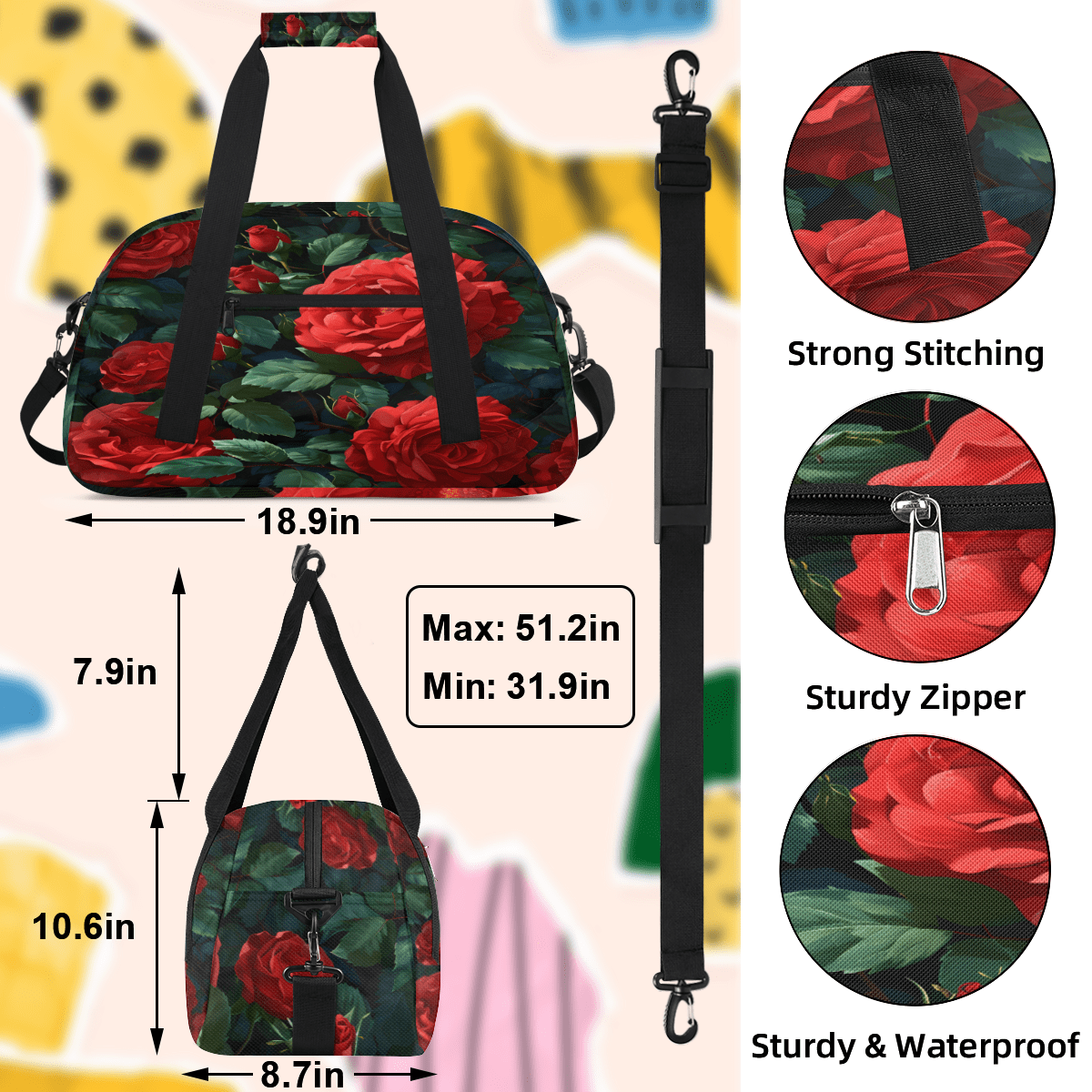 Herdesigns Red Rose Sports Duffle Bag for Women & Men, Red Floral Flower Gym Bag Dance Bag Overnight Bag Carry On Weekender Travel Bag