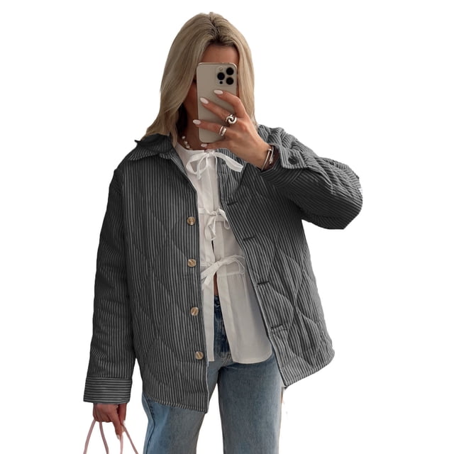 SUNSIOM Manteau Matelassé à Rayures Col Rabattu Boutons pour Femmes Automne Hiver Manches Longues Veste Matelassée