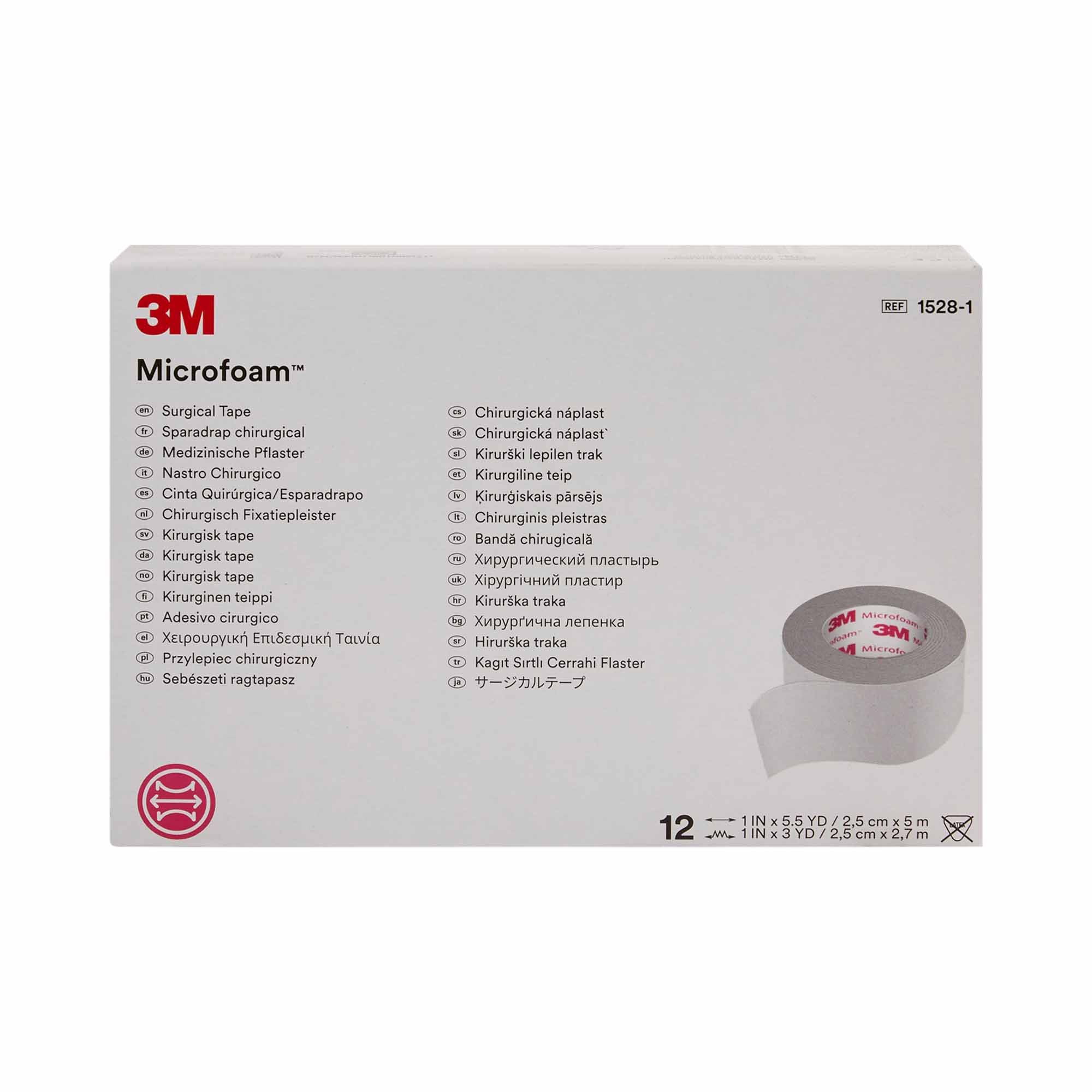 3M Microfoam Surgical Tape, Non-Sterile, Water-Resistant, White, 1 in x 5 1/2 yds, 12 Ct