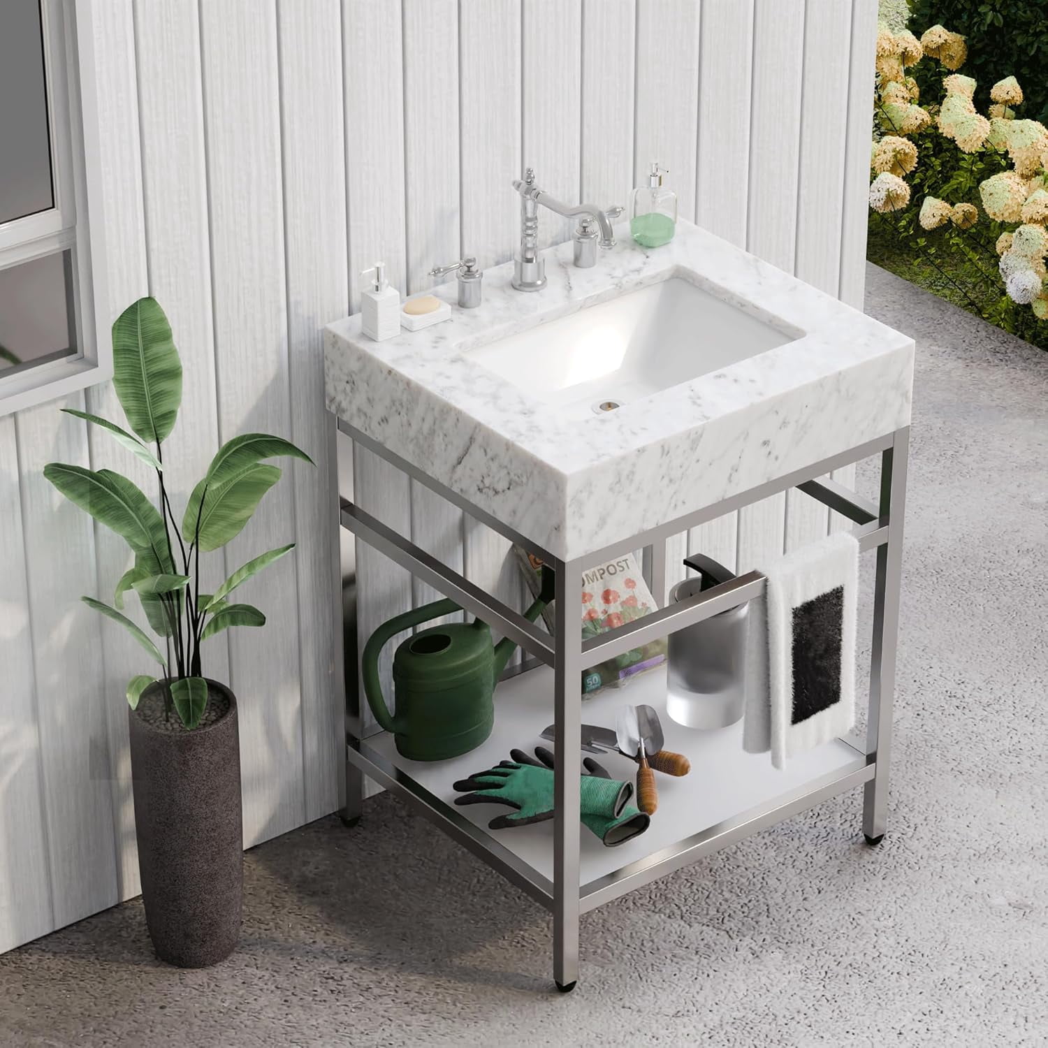 GGISHA 24"x 21"Freestanding Bathroom Vanity with Sink,Carrara Marble,Silver Frame,Tempered Glass Shelf