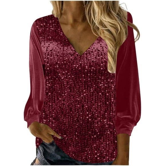aidice Tops for Women Trendy V Neck Long Sleeve Loose Shirts Sequin Sparkly Comfy Fall Blouses Tops
