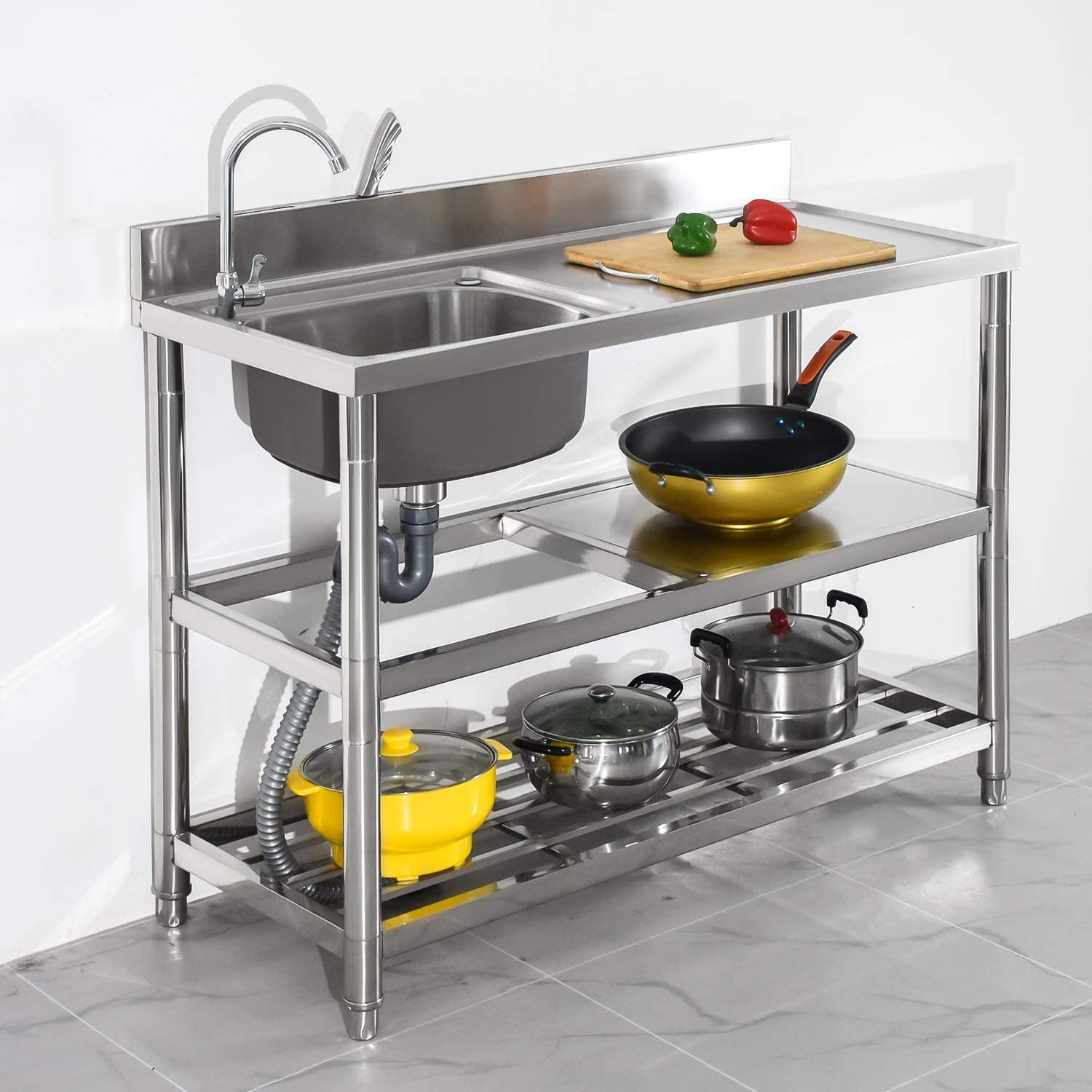 Free Standing Stainless-Steel Single Bowl Commercial Restaurant Kitchen Sink Set w/ Faucet & Drainboard, Prep & Utility Washing Hand Basin w/ ...