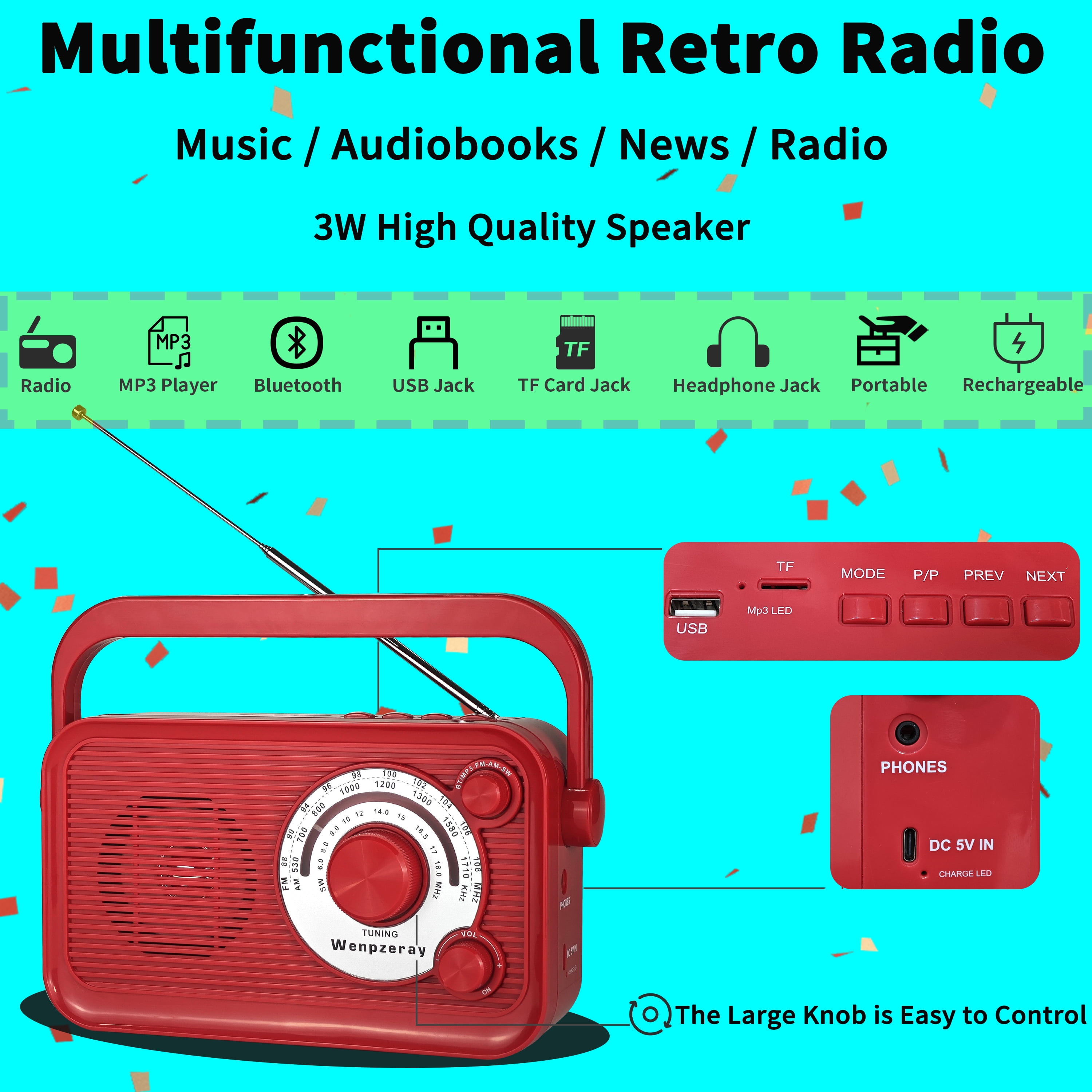 Camping Emergency AM FM Shortwave Radio, DSP Chip Bluetooth Speaker, Type-C Charging Retro Portable Radio Wenpzeray D218 (Red)