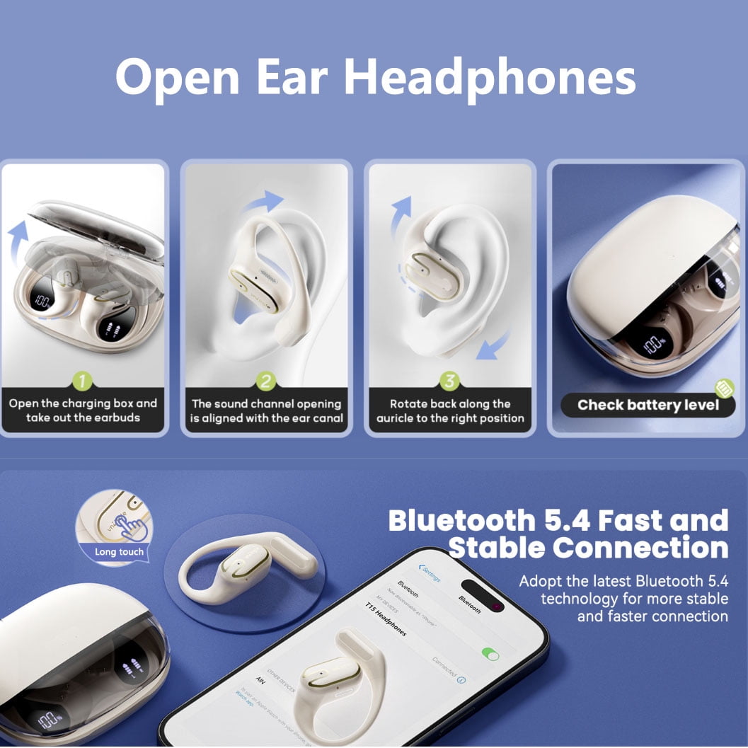 Open Ear Headphones, TPUFO Bluetooth 5.4 Earphones Stereo Sound, Wireless Headphones 80 Hours Playback, Clear Calls, IPX7 Waterproof Open Ear Earbuds with 18.2mm Drivers