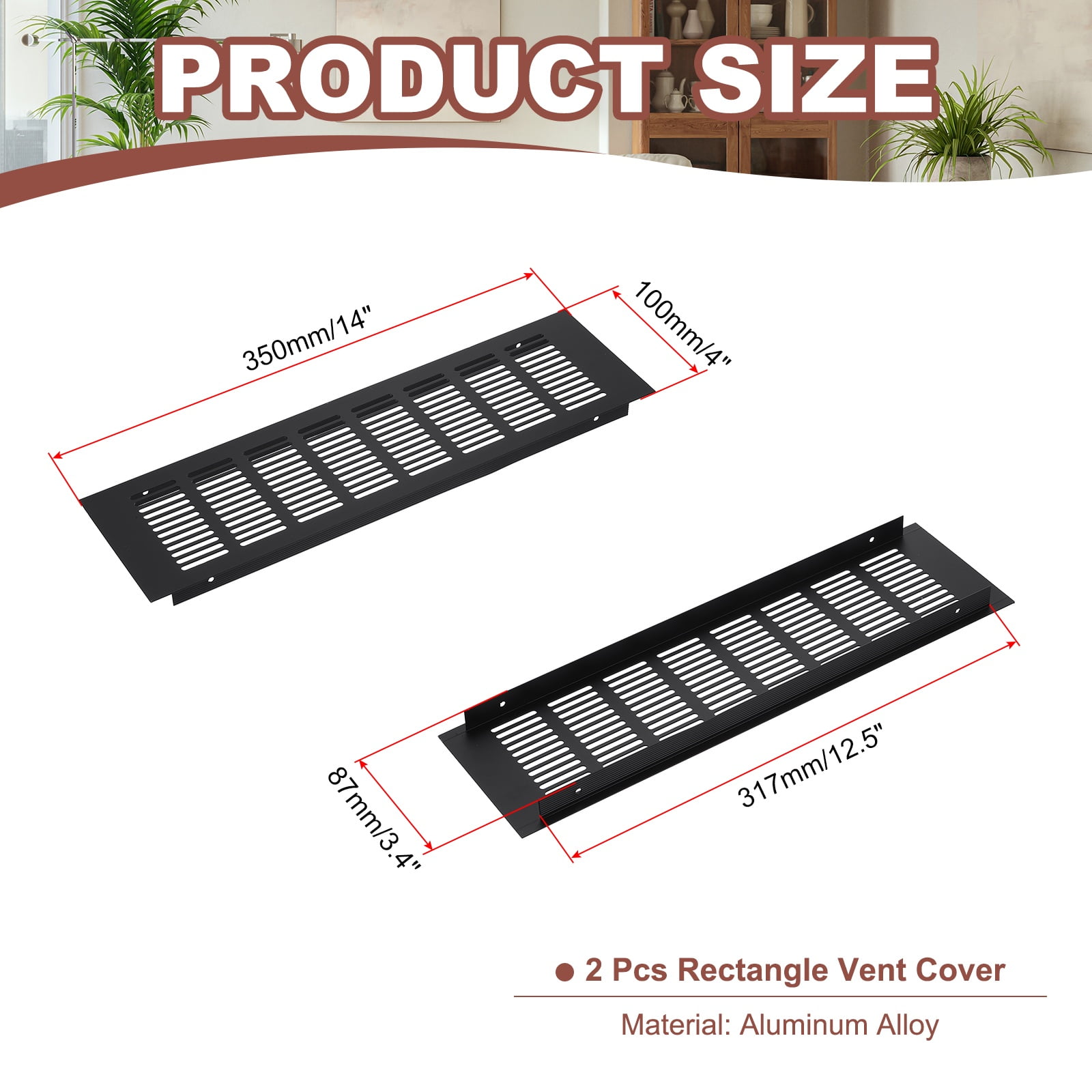 Uxcell 14 x 4" Rectangle Ventilation Grille 2Pcs Aluminum Air Vent Cover Black