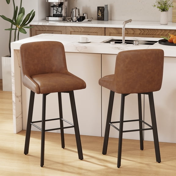 MultiHaven 29" Swivel Bar Stools Set of 2,Square Back&Metal Legs,PU Leather Counter Height Chairs for Kitchen Island,Bar,Cafe-Brown