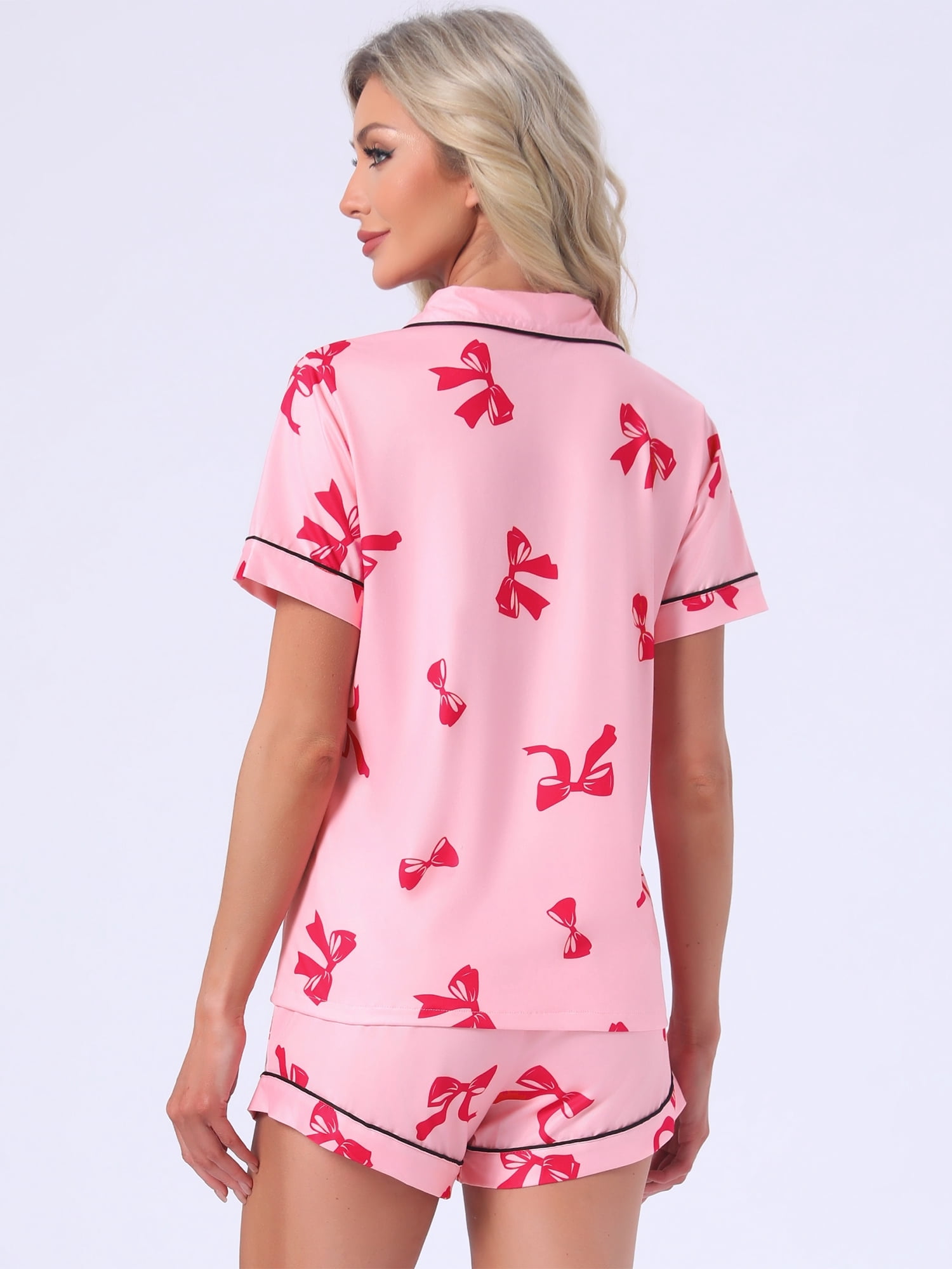 DARING DIVA Women's Pajama Sets Short Sleeves Bow Button Up Tops and Shorts M Bright Pink