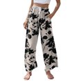 thumbnail image 2 of Wutalume Women's Retro Floral Print Wide Leg Pants, Casual Drawstring Beach Trousers with Pockets, Loose Flowy Spring Bottoms for Travel,Khaki XL, 2 of 6