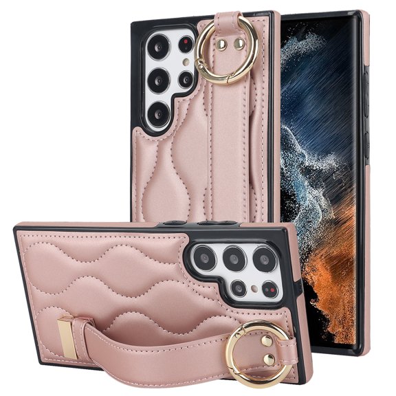 Allytechgroup Galaxy S22 Ultra Case with Keychain, Luxury Girly PU Leather Back Cover Bracket Stand Shockproof Bumper Drop Proof Phone Case Cover for Samsung Galaxy S22 Ultra, Rosegold