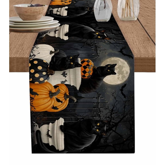 Halloween Table Runner 48 Inches, Vintage Black Cat Pumpkin Moon Country Bed Runner Dresser Scarves Tabletop for Indoor Outdoor Parties/Ceremony/Banquet, 13" x 48"