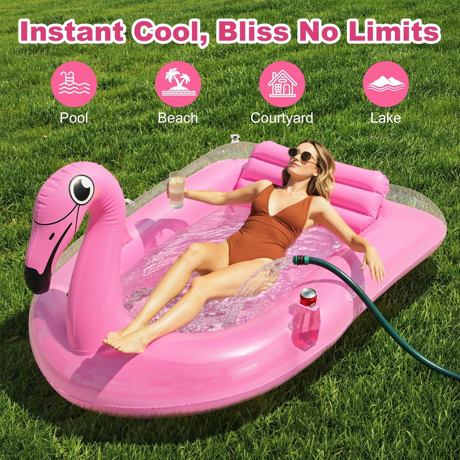 HeySplash Inflatable Tanning Pool, Flamingo Tanning Pool Lounger with Cup Holder, Floaties for Adults, Inflatable Pools Floats with Dual Handles Detachable Pillow for Beach Summer