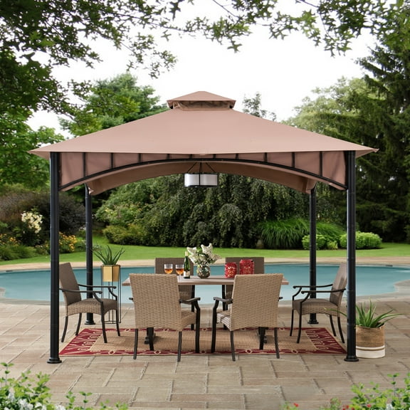 Sunjoy Outdoor Patio Black Bamboo Shape Steel Frame 11 x 11 ft. 2-Tier Soft Top Gazebo with Beige Canopy for Garden, Backyard, and Lawn Activities