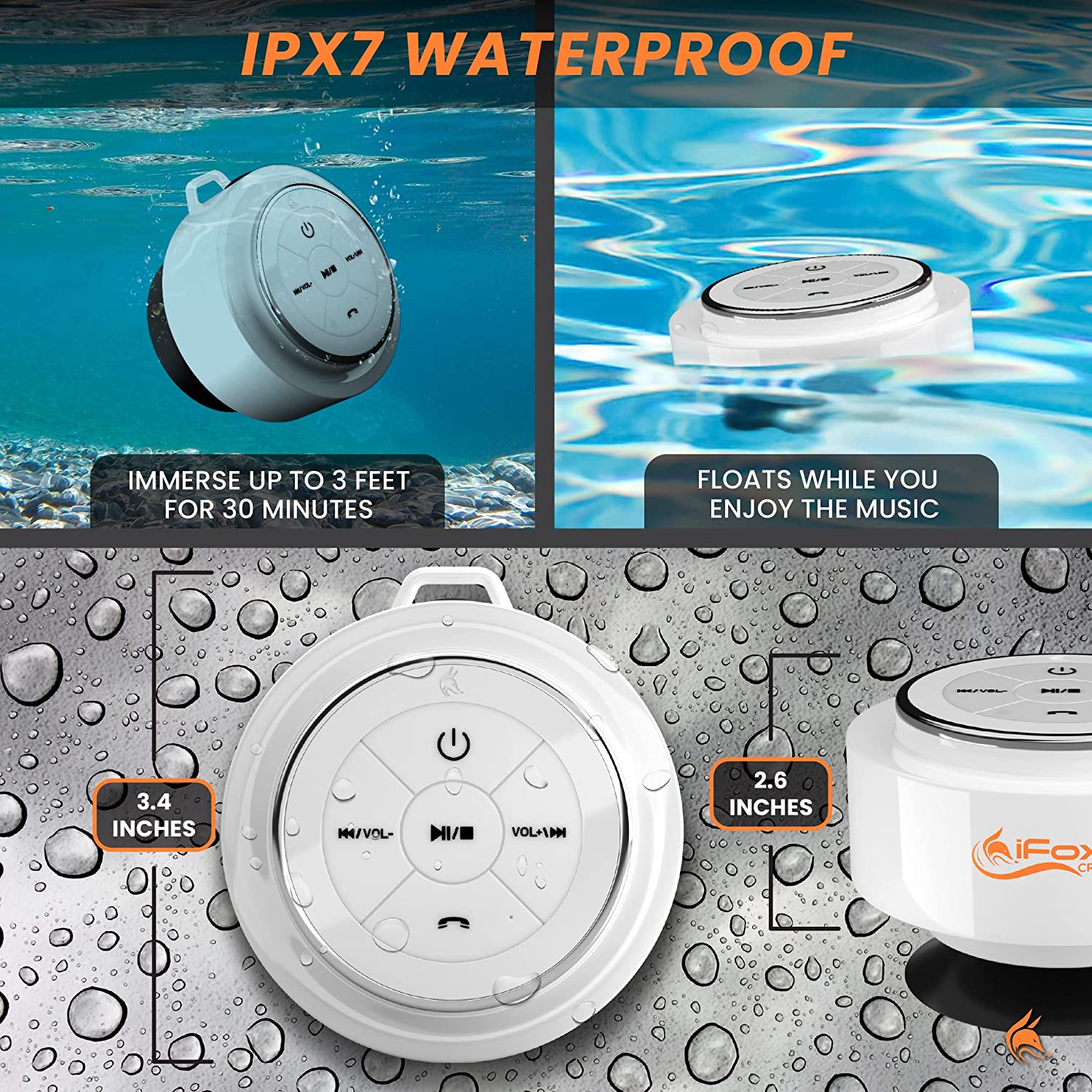 iFox Bluetooth Speaker iF012, Portable Speakers, IPX7 Waterproof, White - image 3 of 6