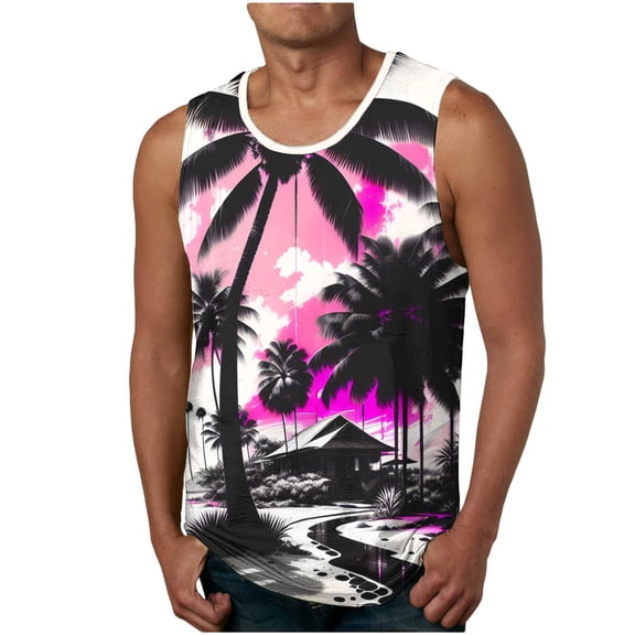 Penkiiy Beach Tank Top for Men Sunset Coconut Print Summer T Shirt Casual Crewneck Vest Sleeveless Stylish Tank Tops Blouse L Pink