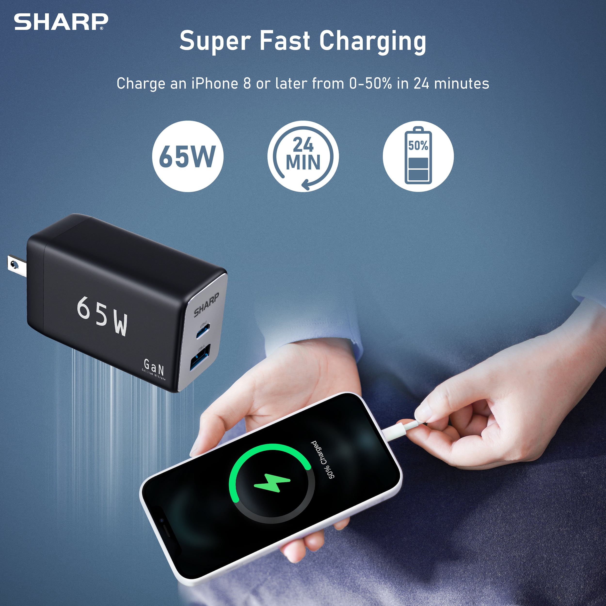 Sharp USB C Charger, 65W, 2 Port (USB A+C), Compact Foldable GaN Fast Charge for MacBook Pro/Air, iPad Pro, Galaxy S23, Dell XPS 13, Note 20/10+, iPhone 15/Pro, and More - Black, G451A1CU-WHT