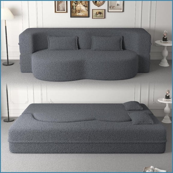 Modern Full Size Convertible Sleeper Sofa Bed – Teddy Fabric | Gray | Foam | 2 Pillows | No Assembly | Living Room Guest Bed