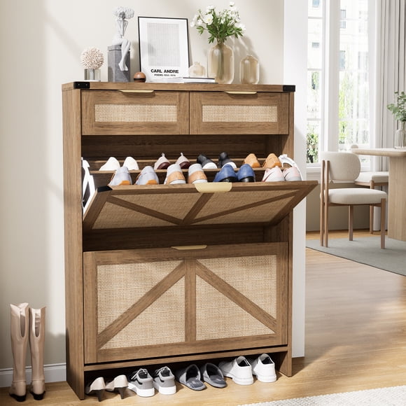 Conate Shoe Storage Cabinet with 2 Filp Drawers and 2 Drawers, Farmhouse Slim Shoe Cabinet for Entryway, Rustic Oak Rattan
