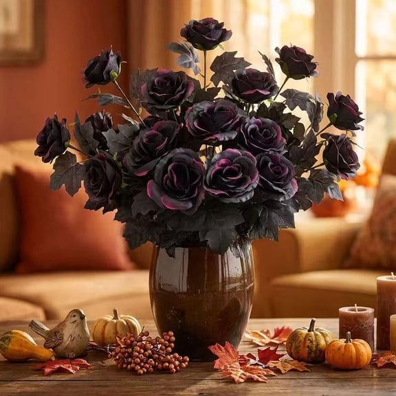 Artificial Halloween Flowers, 13.5Inch Realistic Gothic Flowers, Black Roses Artificial Flowers for Tabletop Window Halloween Party Home Decor