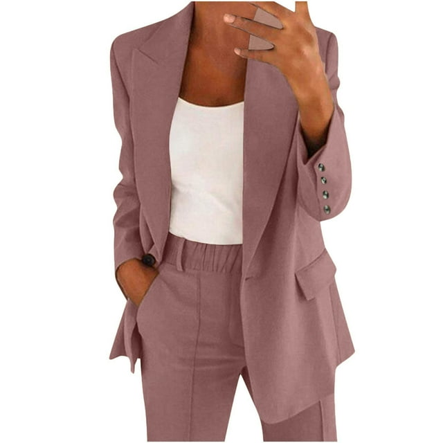 TIMIFIS Business Casual Clothes for Women Fall Two Piece Outfits Oversized Blazer Jacket and Slim Pant Plus Size Suit Sets Solid Long Sleeve Blazer with Pockets - Spring/Summer