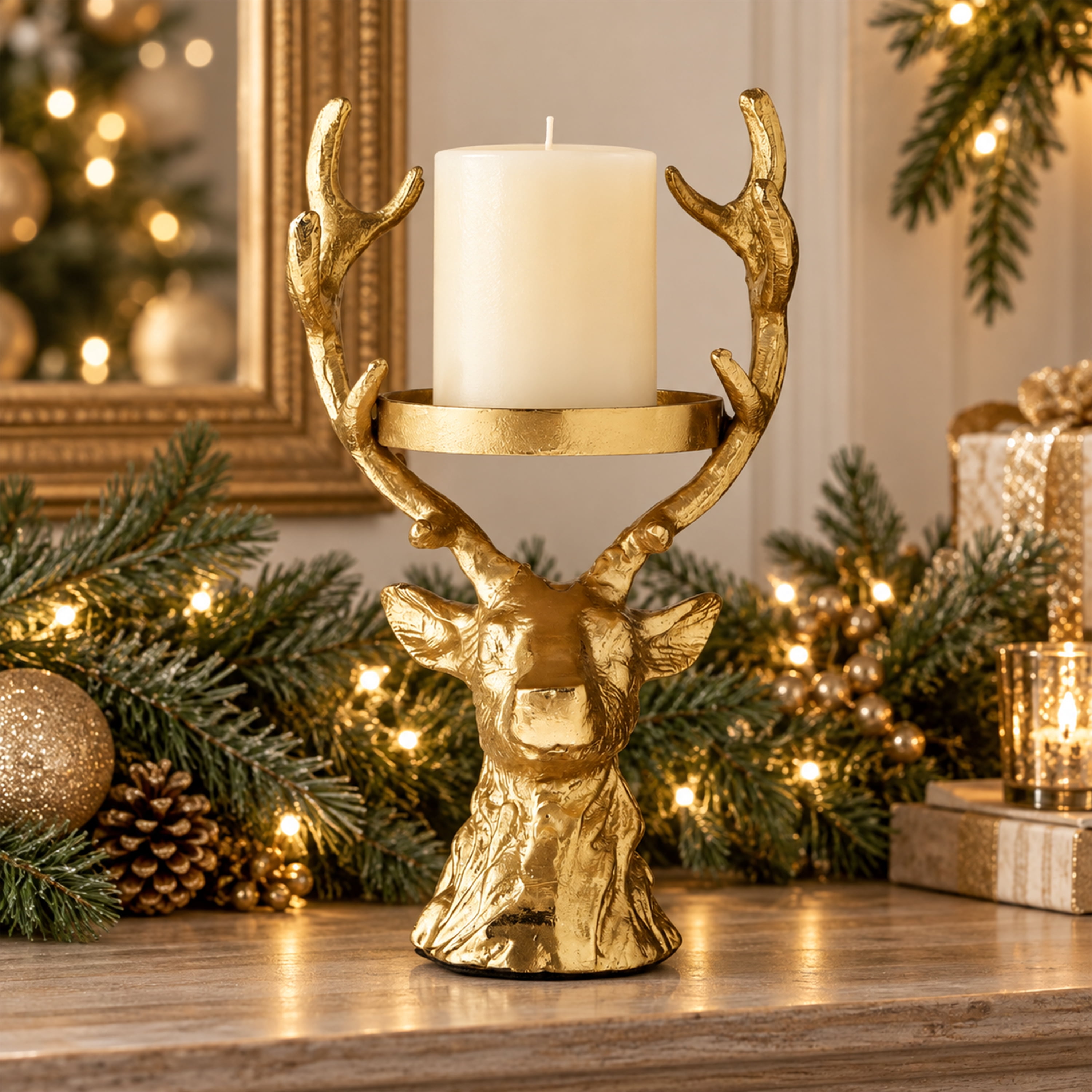 My Texas House Aluminum Casted Stag Head Candle Holder, Gold Plated Finish, 11-inch