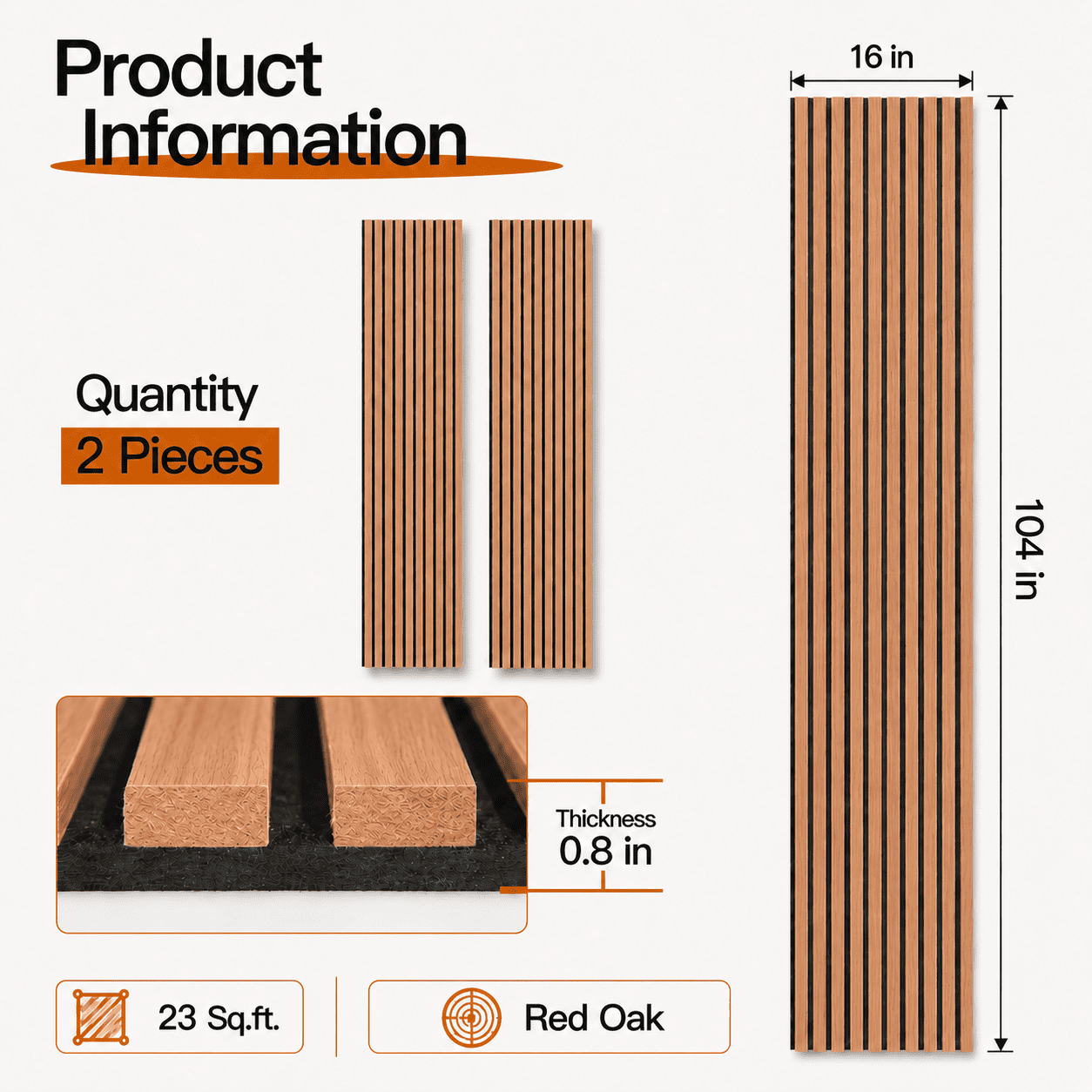 2PCS 16''x104'' Wood Slat Acoustic Wall Paneling for Interior and Ceiling Decor,23Sq.ft,Red Oak