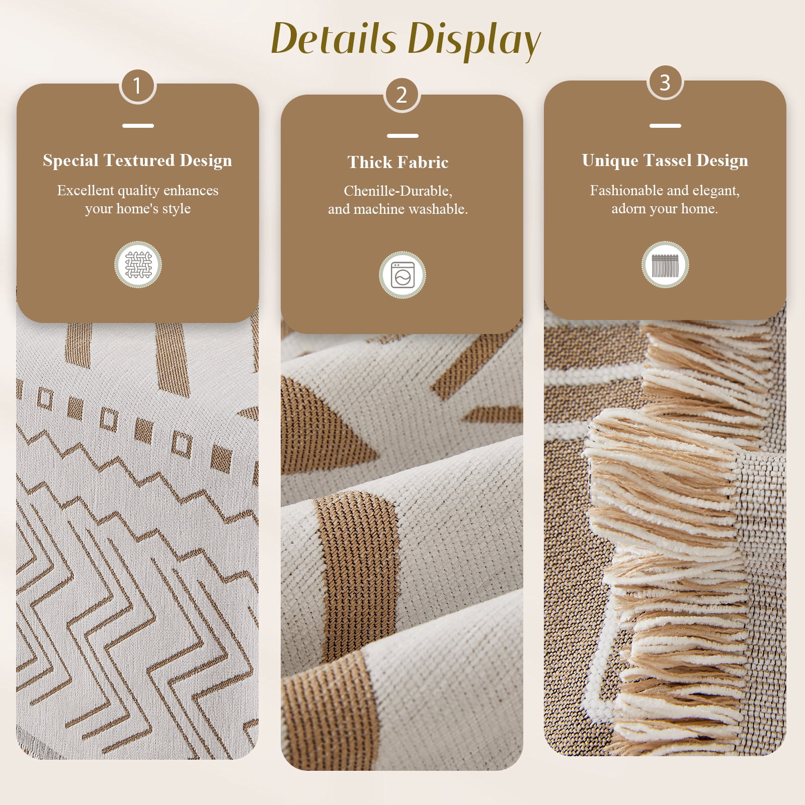 WOOW DEPOT Boho Chenille Sofa Cover Reversible w/ Tassel, Washable Throw Blanket L Shape Slipcover for 2 Cushion Couch, Taupe & White Geometric, 71"x118"