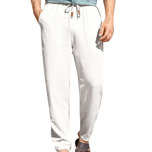 AherBiu Mens Linen Pants Drawstring Elastic High Waist Straight Leg Trouser with Pockets Casual Beach Pant