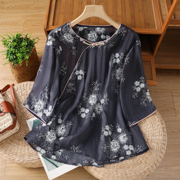 mfyjkho Tops Elegantes Para Mujer, Suéter De Cuello Redondo Con Mangas 3/4 Y Botones Bordados De Lino Sintético Para Mujer Tops Para Salir Para Mujer M