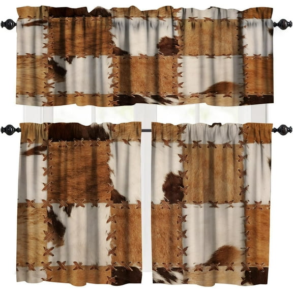 Vintage Fur Patchwork Curtains Valance 3 Piece Set,Western Farm Animal Cow Fur Pattern Patchwork Valance,Home Kitchen Living Room Decor Window Valance