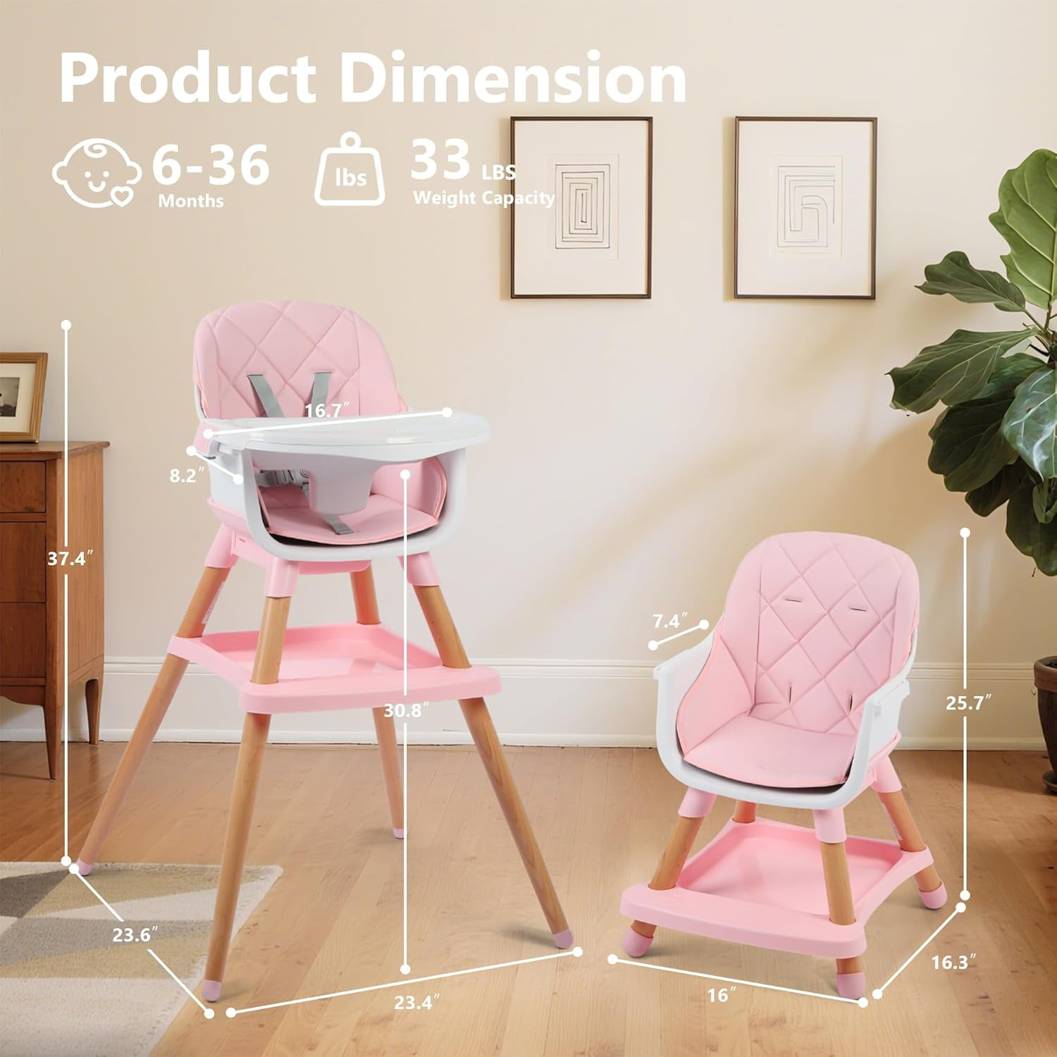 LINLUX Wood Baby High Chair, 7 in 1 Convertible Highchair, Infant Feeding Chair, Toddler Chair Pink