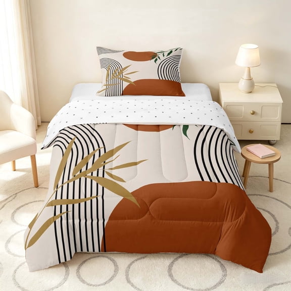 Manfei Boho Mid Century Twin Comforter Sets, Minimalism Art Bedding Set, Brown, Green and Black, Reversible 2pcs, 1 Comforter and 1 Pillowcase