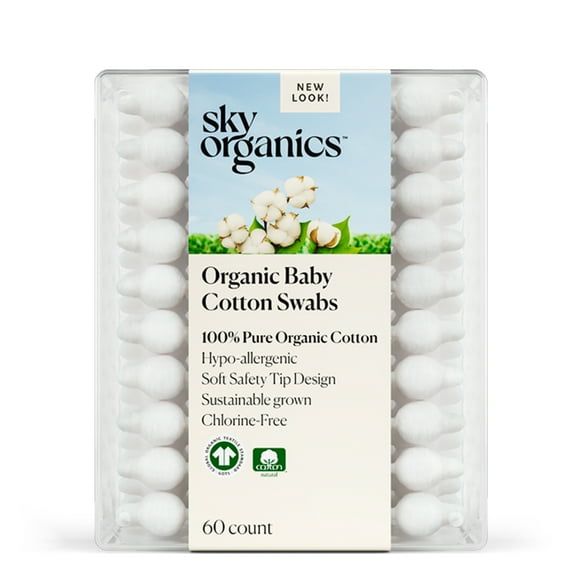 Sky Organics Organic Baby Cotton Swabs for Baby, 100% Pure Organic Cotton, GOTS Certified Organic Cotton, 60 Count