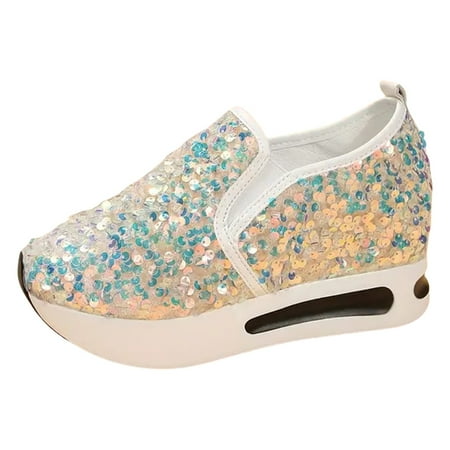 QYZEU Spring Shoes for Women 2024 Womens Casual Shoes Women s Sequins Platform Sneakers Casual Low Top Slip On Wedge Sports Shoes Fashion Walking Womens Shoes Yellow 41